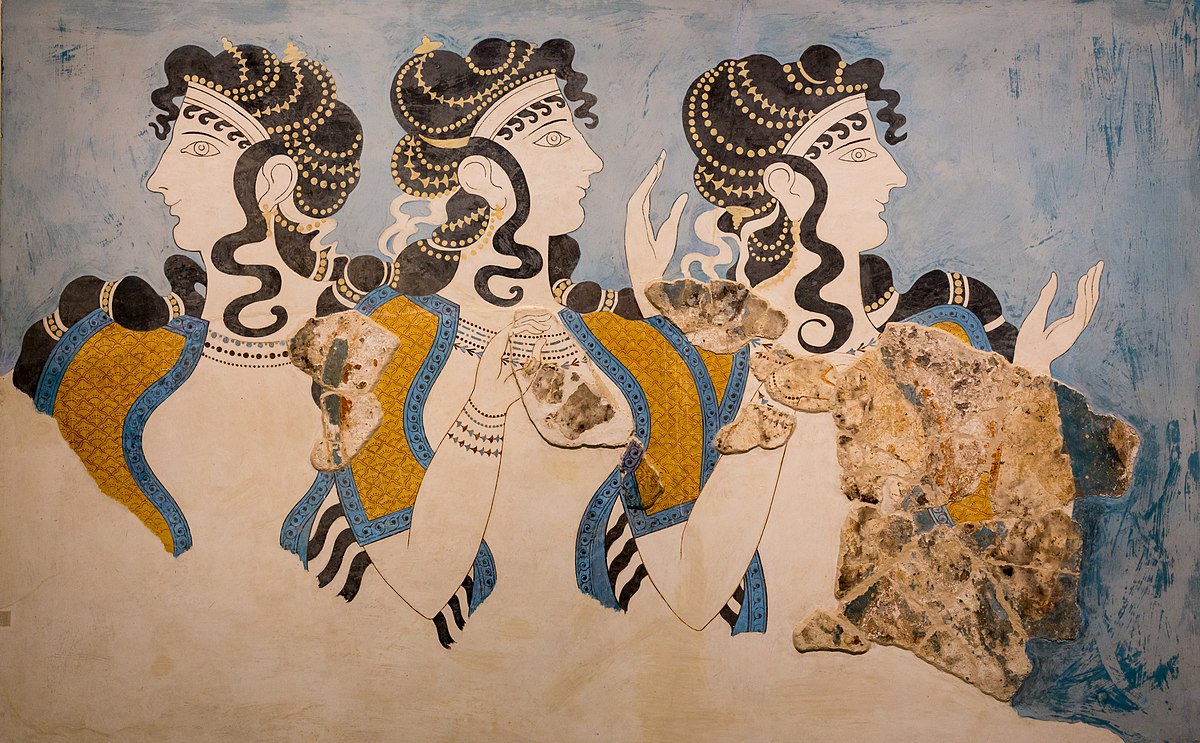 1200px Wall painting of three women Ladies in Blue from Knossos outside Royal Magazines Heraklion AM